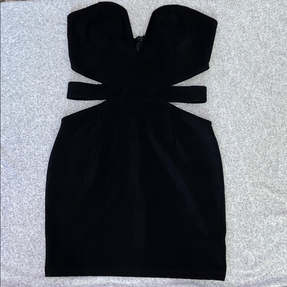 Black Strapless Mini Dress with side cutouts; M